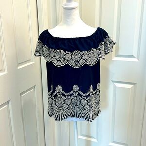 Off the shoulder Fever navy and white boho lace top. Baroque style. Size small.